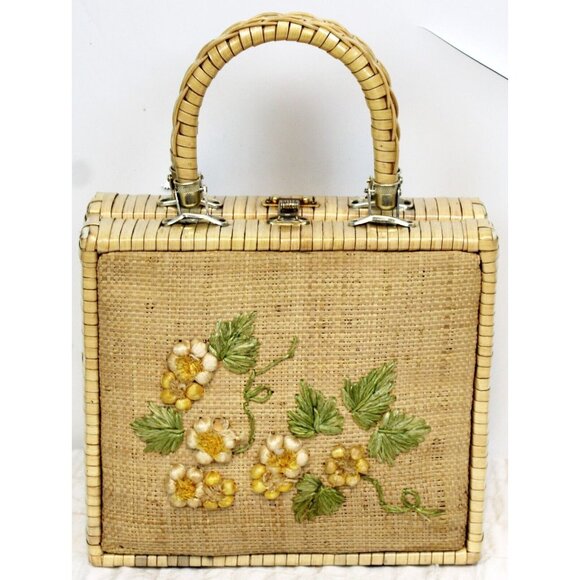 Vtg 1970s Straw Handbag Tote Purse Bag Boho Beach Vacation Cruise Embroidered - Picture 1 of 15